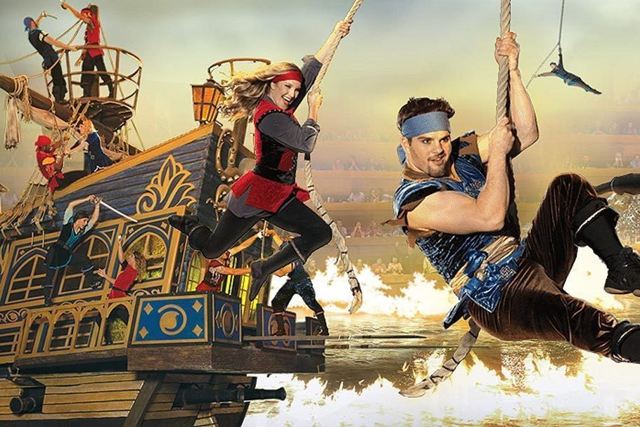 Action-packed advertisement for Pirates Voyage with a ship and acrobatic pirates.