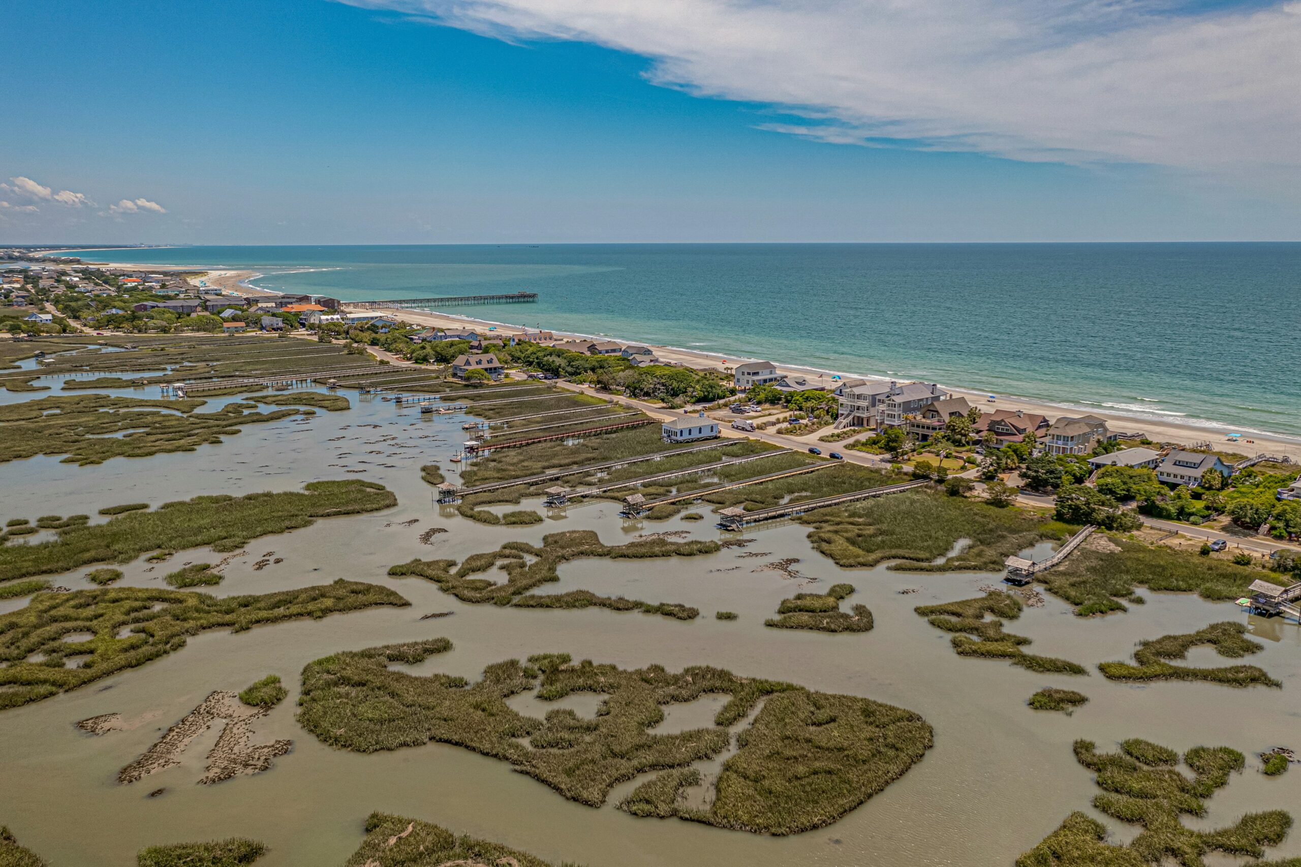 Aerial view of marsh and beachfront in Pawleys Island, South Carolina.