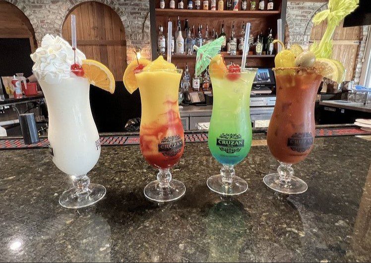 Row of tropical drinks at a bar in Myrtle Beach.